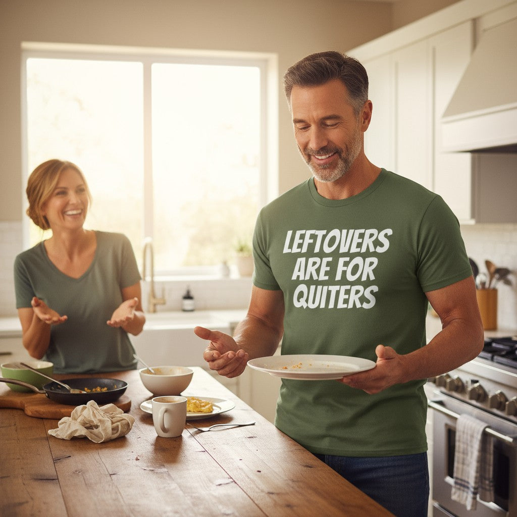 LEFTOVERS ARE FOR QUITTERS Thanksgiving Shirt – Unisex Brown Savana Fall Tee | Gildan Heavy Cotton S-XL