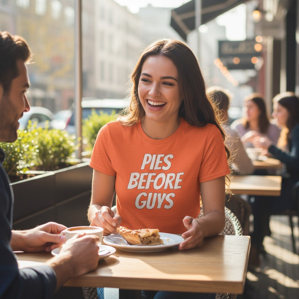 PIES BEFORE GUYS Women’s Thanksgiving Shirt – Heather Orange Fall Tee | Gildan Heavy Cotton S-XL