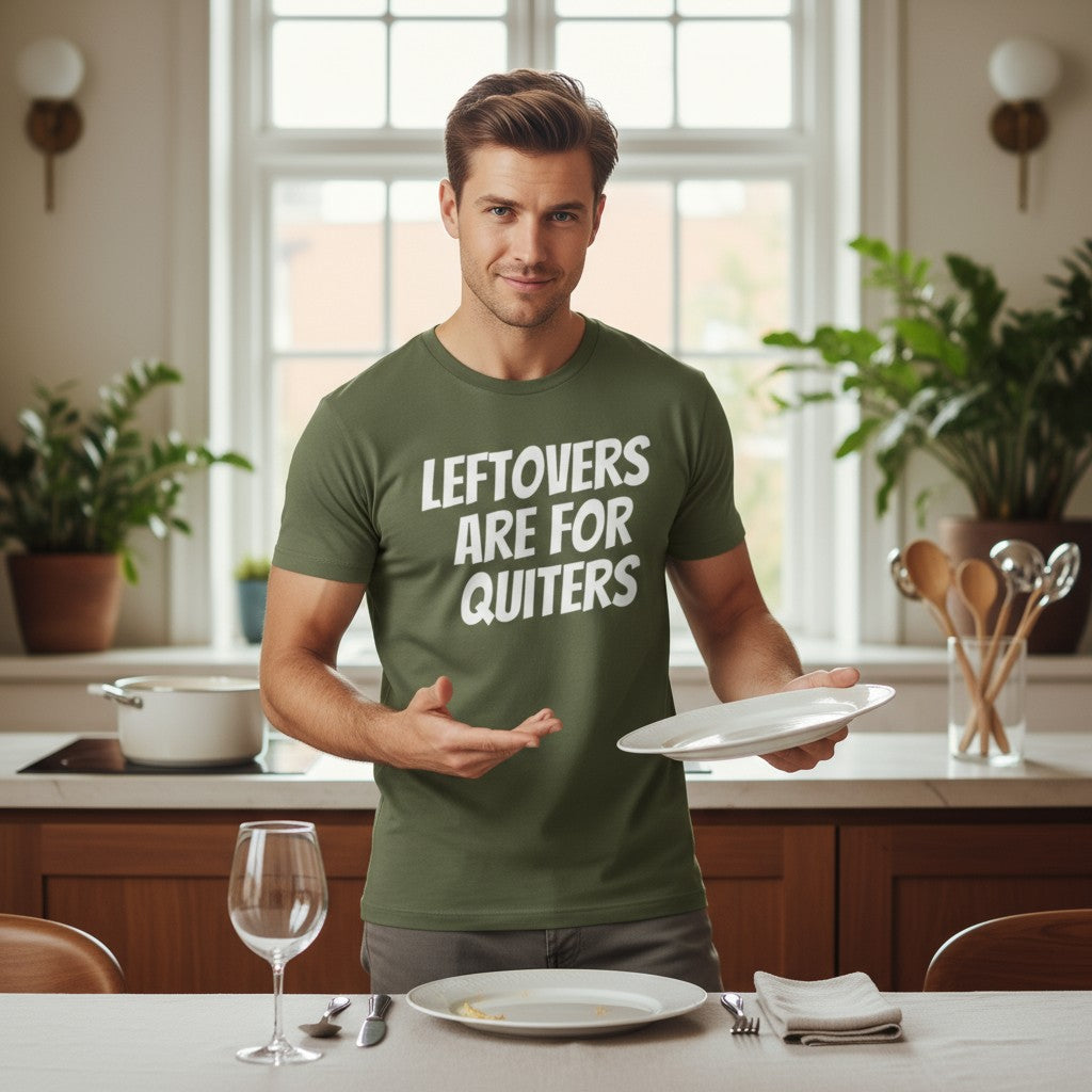 LEFTOVERS ARE FOR QUITTERS Thanksgiving Shirt – Unisex Brown Savana Fall Tee | Gildan Heavy Cotton S-XL