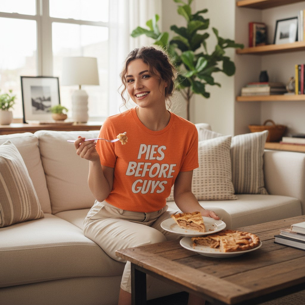 PIES BEFORE GUYS Women’s Thanksgiving Shirt – Heather Orange Fall Tee | Gildan Heavy Cotton S-XL
